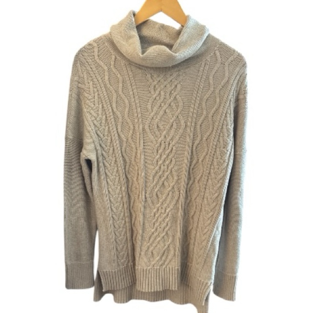 White + Warren Cable Turtleneck Sand Heather Sweater Large NWT